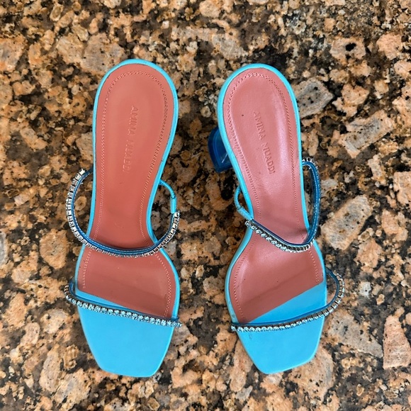 Amina Muaddi Gilda Glass Aqua Blue PVC Crystal Strap Mule Pumps - Picture 12 of 14